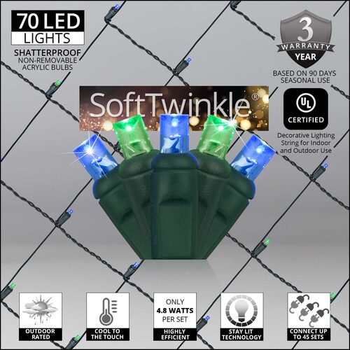 Blue and Green 70 LED 5mm SoftTwinkle Christmas net lights on green wire
