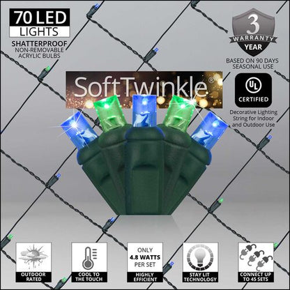 Blue and Green 70 LED 5mm SoftTwinkle Christmas net lights on green wire
