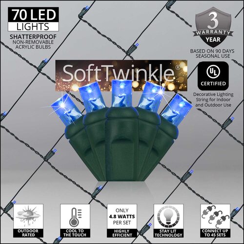 Blue 70 LED 5mm SoftTwinkle Christmas net lights on green wire
