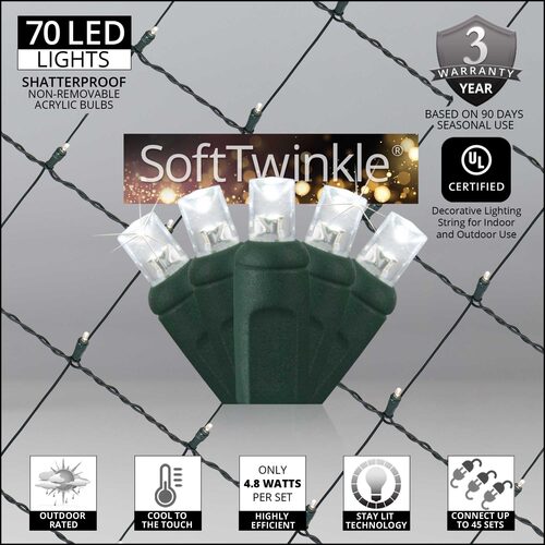 cool White 70 LED 5mm SoftTwinkle Christmas net lights on green wire