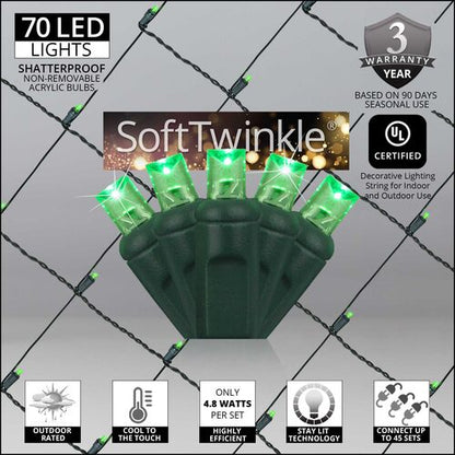 Green 70 LED 5mm SoftTwinkle Christmas net lights on green wire