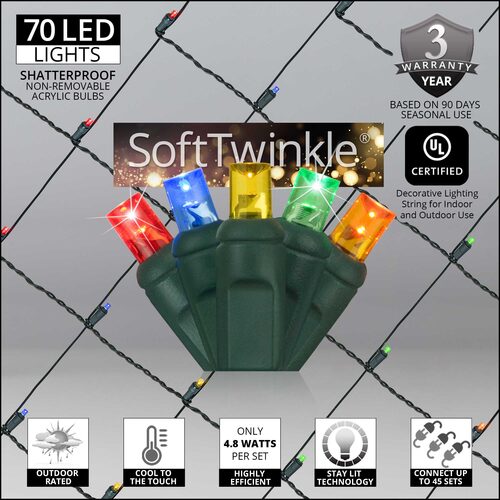 multicolor 70 LED 5mm SoftTwinkle Christmas net lights on green wire