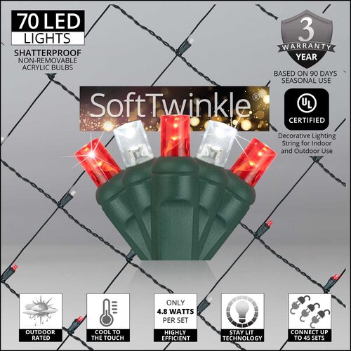 Red and cool White 70 LED 5mm SoftTwinkle Christmas net lights on green wire