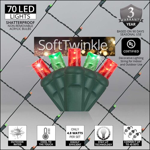 Red and Green 70 LED 5mm SoftTwinkle Christmas net lights on green wire