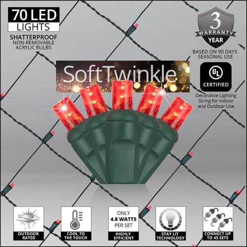 Red 70 LED 5mm SoftTwinkle Christmas net lights on green wire