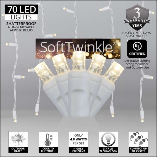 70 LED 5mm SoftTwinkle icicle Christmas lights on white wire in multiple colors