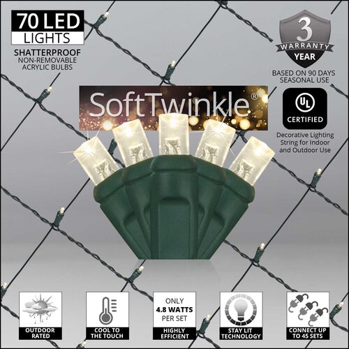 Warm White 70 LED 5mm SoftTwinkle Christmas net lights on green wire