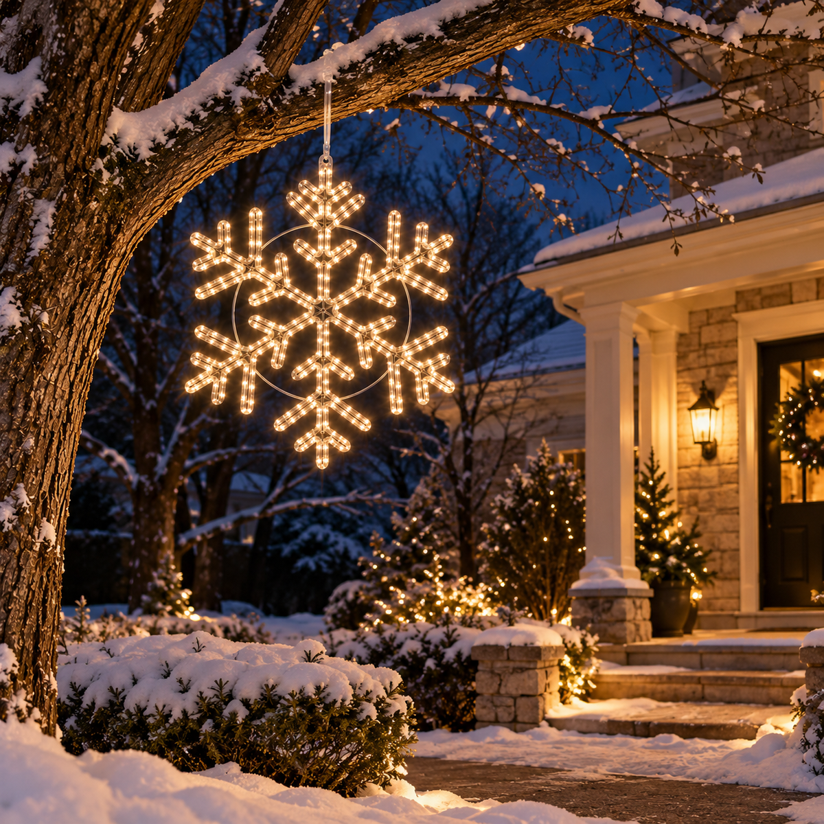 Giant 24-inch warm white LED snowflake with 314 lights hanging from a snow-covered tree beside a decorated Christmas home.