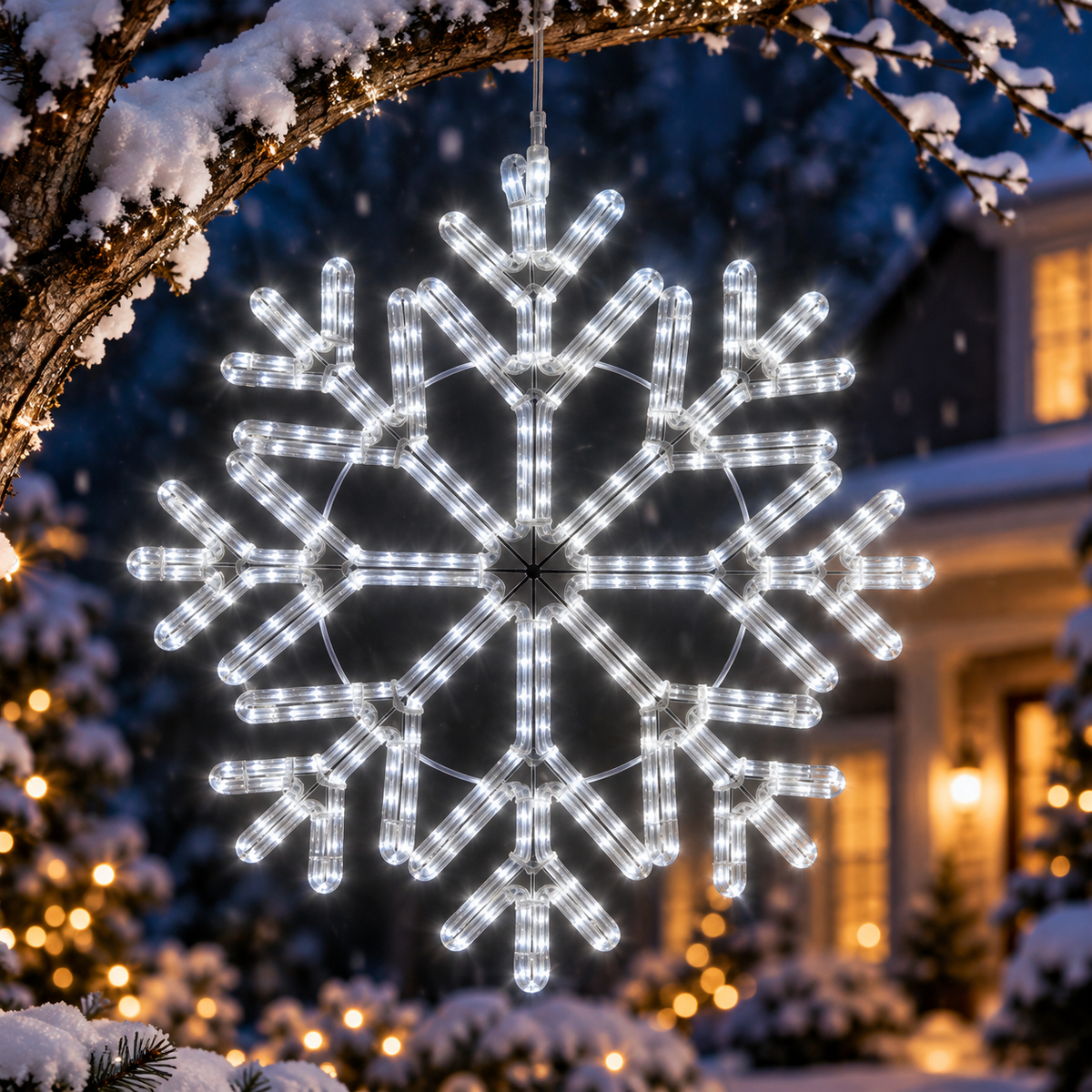 Giant 24-inch cool white LED snowflake Christmas decoration with 380 lights hanging from a snow-covered tree in a festive winter setting.