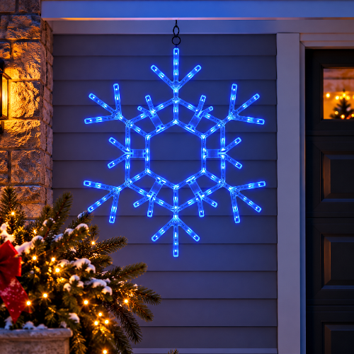 Giant 3 Ft blue LED folding Christmas snowflake decoration by Kringle Traditions, featuring 105 steady blue lights and a 36-inch design for indoor and outdoor holiday displays.