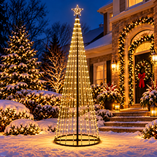Giant 9 Ft warm white animated LED Christmas light show tree with 540 glowing lights and illuminated star topper displayed in a snowy front yard beside a decorated home at dusk.