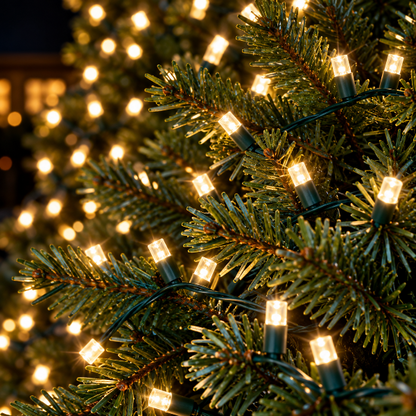 Warm white 5mm SoftTwinkle LED Christmas string lights glowing on evergreen branches with green wire