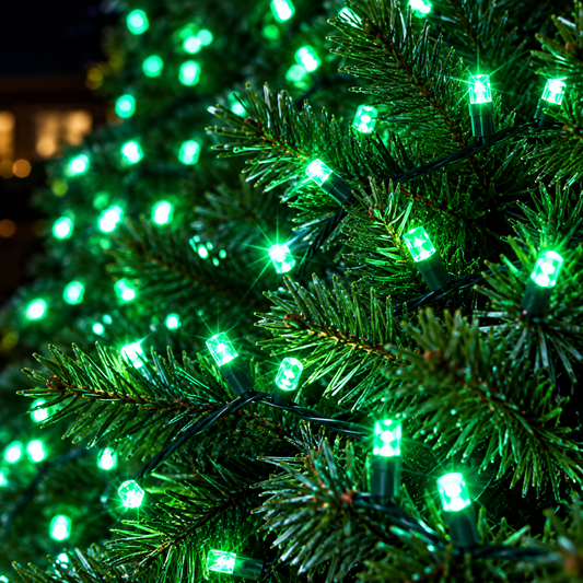 Green 5mm SoftTwinkle LED Christmas string lights glowing on evergreen branches with green wire