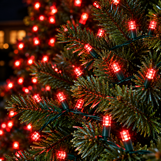 Red 5mm SoftTwinkle LED Christmas string lights glowing on evergreen branches with green wire