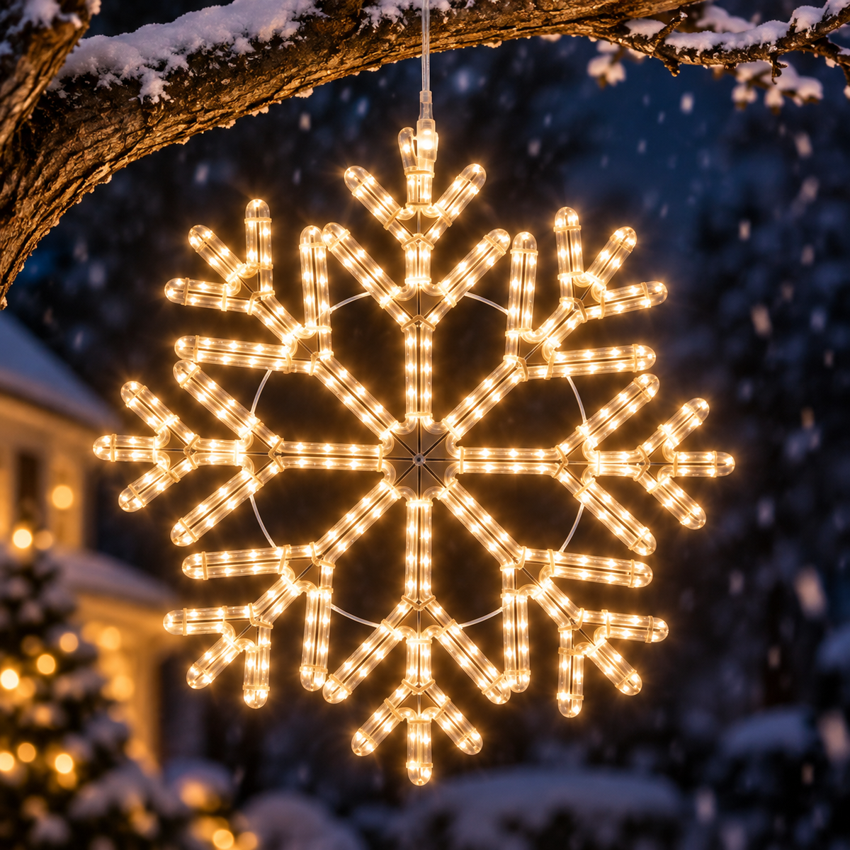 Giant 24-inch warm white LED snowflake with 380 glowing lights hanging from a snow-covered tree outside a beautifully decorated Christmas home.