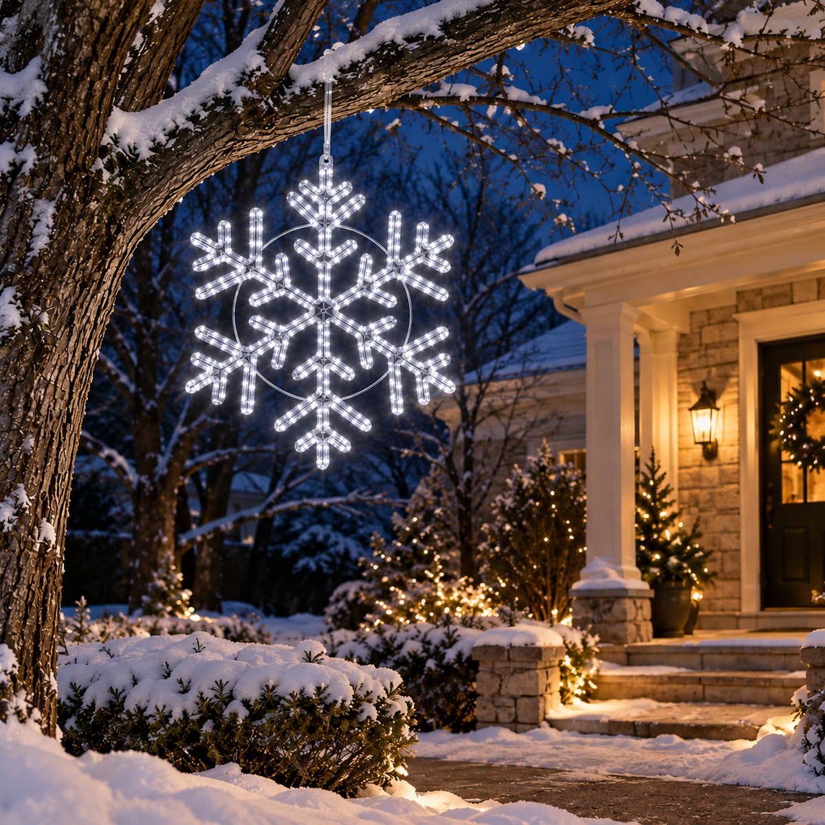 Giant 24-inch cool white LED snowflake Christmas decoration with 314 glowing lights hanging from a snow-covered tree beside a decorated home.