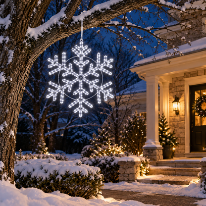 Giant 24-inch cool white LED snowflake Christmas decoration with 314 glowing lights hanging from a snow-covered tree beside a decorated home.