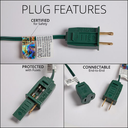Green electrical plug with certification label and features highlighted on a white background