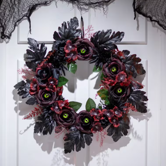21" Dark Floral Wreath with Eyes Halloween Decoration