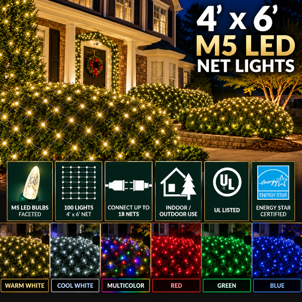100 LED M5 Christmas net lights on green wire in six colors