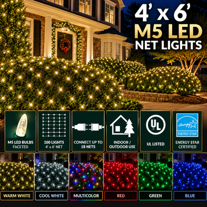 100 LED M5 Christmas net lights on green wire in six colors