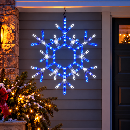 3 Ft giant blue and cool white LED folding Christmas snowflake decoration with 105 steady lights by Kringle Traditions, for indoor and outdoor holiday displays.