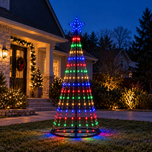 6 ft multicolor animated LED Christmas light show tree displayed in a decorated front yard at dusk, with blue star topper and black frame.