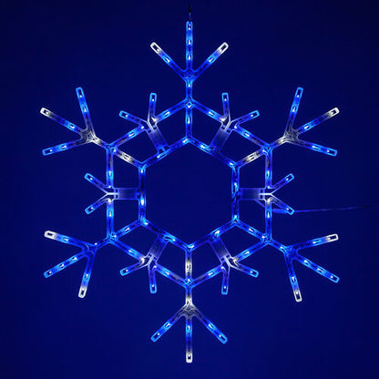Kringle Traditions giant 3 Ft blue and cool white LED folding snowflake Christmas decoration with 105 steady lights illuminated against a dark background.