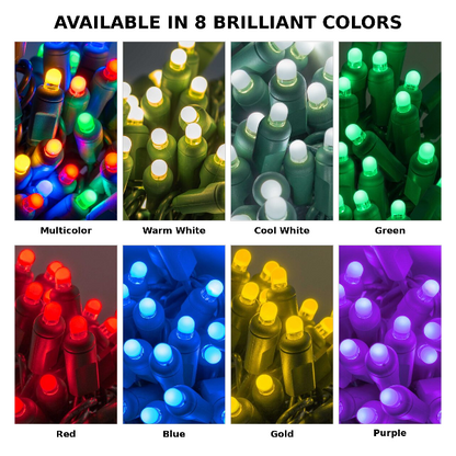 Lux360 D5 LED Christmas string lights available in 8 colors including multicolor, warm white, cool white, green, red, blue, gold and purple