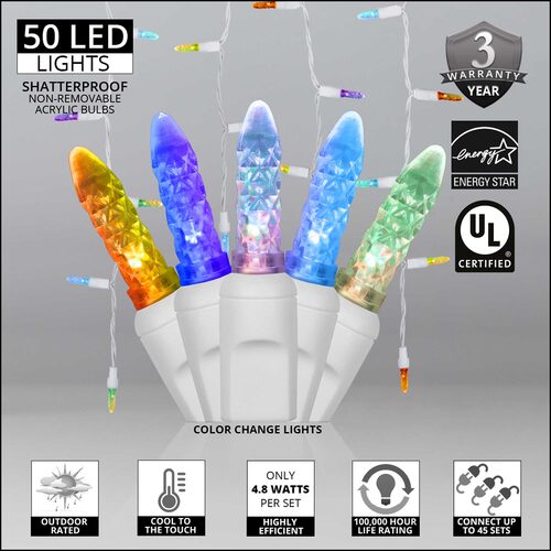 M5 Color Change LED icicle lights cycling through red blue purple green and gold