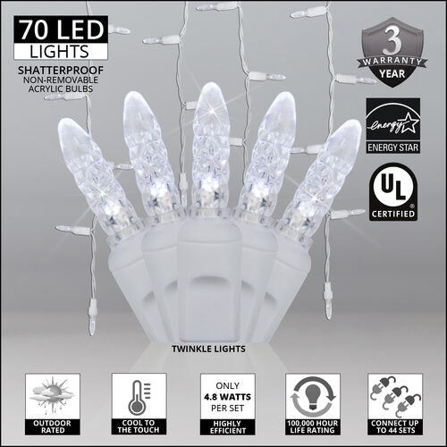 70 LED M5 Twinkle icicle Christmas lights on white wire in Warm White and Cool White