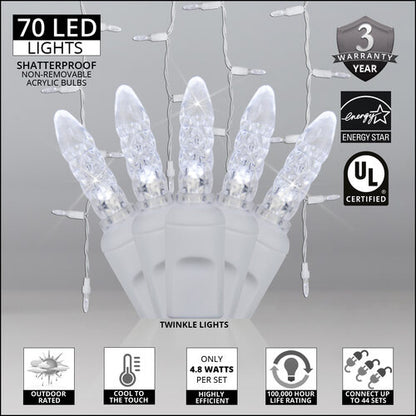 70 LED M5 Twinkle icicle Christmas lights on white wire in Warm White and Cool White