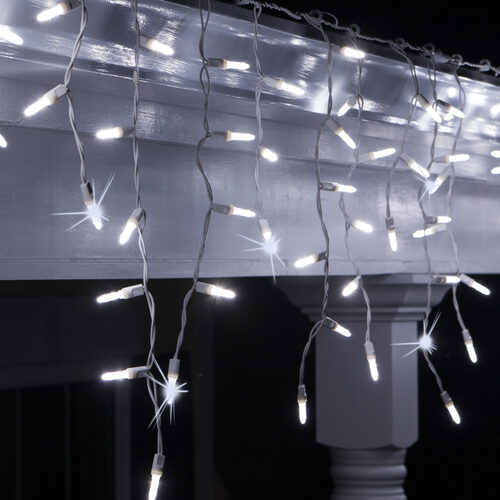 Cool White 70 LED M5 Twinkle icicle Christmas lights on white wire