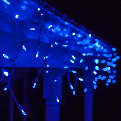 Blue 70 LED M5 icicle Christmas lights on white wire