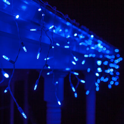 Blue 70 LED M5 icicle Christmas lights on white wire