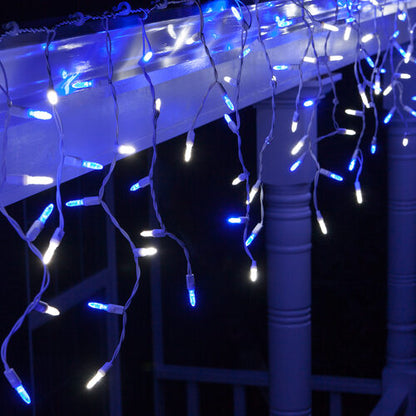Blue and Cool White 70 LED M5 icicle Christmas lights on white wire