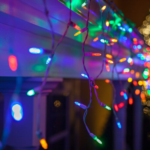 M5 Color Change LED icicle lights cycling through red blue purple green and gold