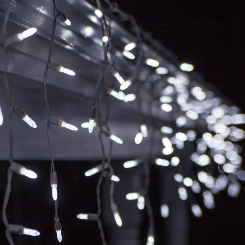 Cool White 70 LED M5 icicle Christmas lights on white wire