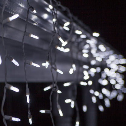 Cool White 70 LED M5 icicle Christmas lights on white wire