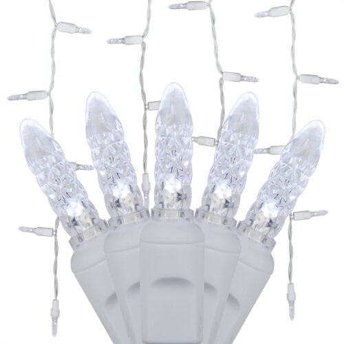 Cool White 70 LED M5 icicle Christmas lights on white wire