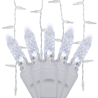 Cool White 70 LED M5 icicle Christmas lights on white wire