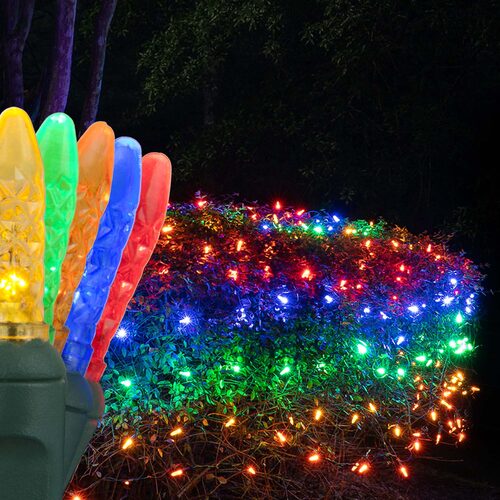 Multicolor 100 LED M5 Christmas net lights on green wire
