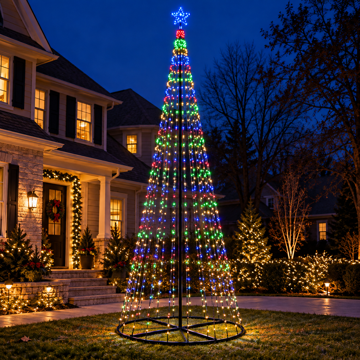 12 Ft giant multicolor animated LED Christmas light show tree displayed in a decorated front yard at dusk with blue star topper and black circular base.