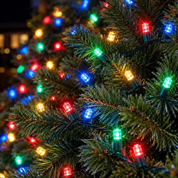 Multicolor 5mm SoftTwinkle LED Christmas string lights glowing on evergreen tree branches with green wire