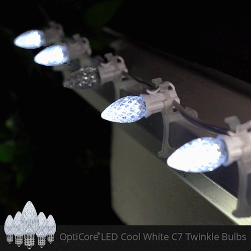 Cool White C7 Twinkle OptiCore LED Christmas lights showing twinkle effect
