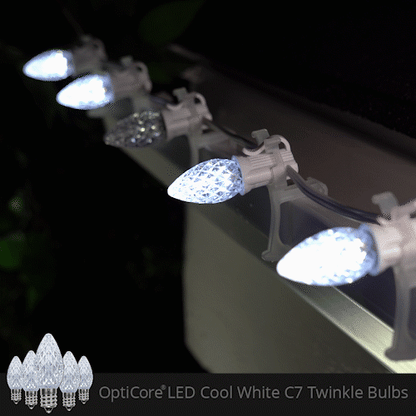 Cool White C7 Twinkle OptiCore LED Christmas lights showing twinkle effect