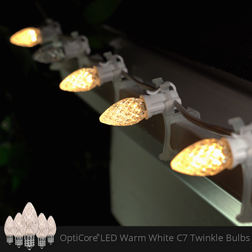 Warm White C7 Twinkle OptiCore LED Christmas lights showing twinkle effect