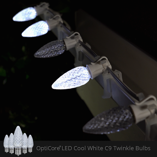 Cool White C9 OptiCore Twinkle LED Christmas string lights on green wire