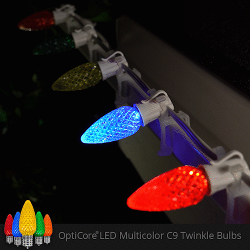  Multicolor C9 OptiCore Twinkle LED Christmas string lights on green wire