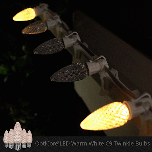 Warm White C9 OptiCore Twinkle LED Christmas string lights on green wire